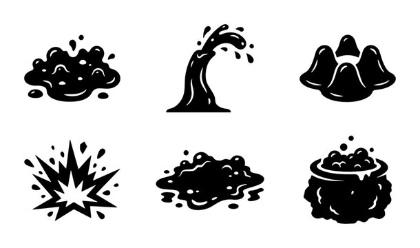 Black Slime Splatter Icons, Goo Puddles, Bubbling Cauldron, Explosion Shapes, Liquid Drips, Vector Set