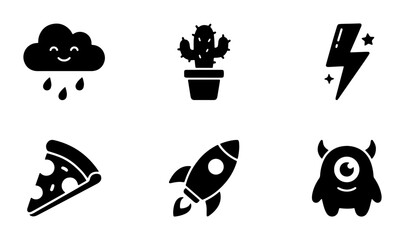 Cute Weather Cloud, Potted Cactus, Lightning Bolt, Pizza Slice, Rocket Ship, Monster Icons Set. Fun Graphic Elements Collection. © Jahidul