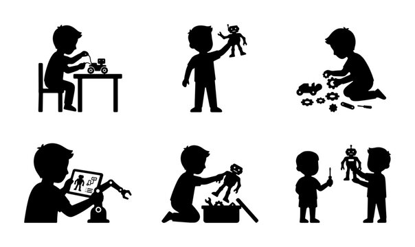 Children Playing with Toys, Building Blocks, and Robots, Vector Silhouettes. Kids Imagination, Creative Play, STEM Education, and Childhood Fun Illustrations.