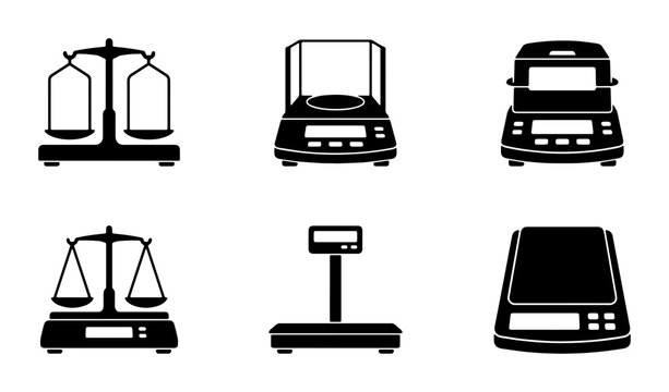 Precision Weighing Scales Collection: Digital Balances, Laboratory Scales, and Vintage Steelyard Balances, 6 Vector Icons for Science and Industry
