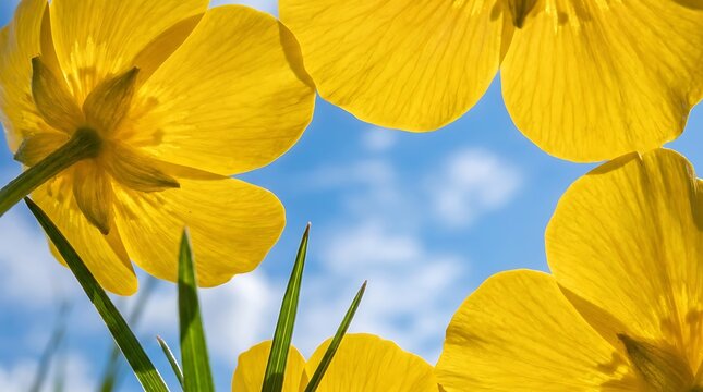Low angle view of bright yellow buttercup flowers against a blue sky with soft white clouds on a sunny spring day