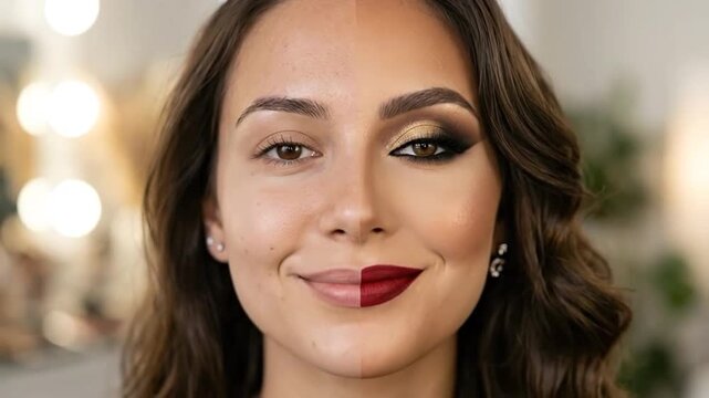 Woman shows off her bold makeup look with dramatic eyes and lips