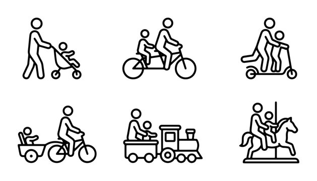 Family Activities Icons Set: Parents and Children Enjoying Transportation and Recreation, Vector Graphics for Lifestyle and Leisure Themes