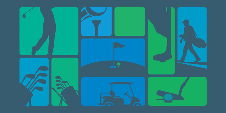 Golf themed graphic design with golfer and golf equipment silhouettes.