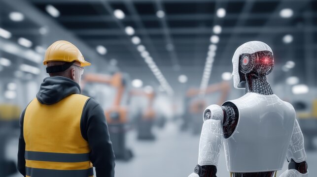 AI Robot Supervising Smart Factory with Industrial Robotic Arms and Automated Production