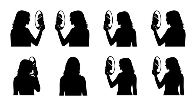 Silhouette Woman Reflection Series, Self-Discovery, Identity Exploration, Personal Growth, Mirror Image, Female Silhouette Collection