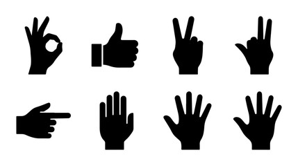 Obraz premium Set of 8 Black Hand Gestures Icons, Vector Graphics for Communication and Approval, Simple Silhouette Symbols