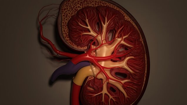 **Microscopic 3D Render of Human Kidney Showing Internal Nephron Structure**