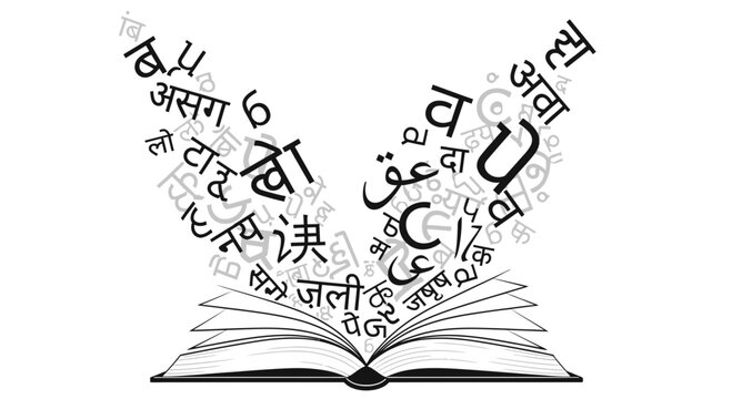 Open Book with Flying Foreign Alphabet Characters and Linguistic Symbols