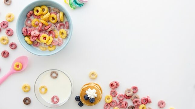 Overhead shot of colorful fruit loop cereal in a blue bowl with milk, pancakes, and scattered cereal on a white background.