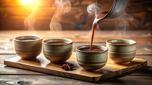 Coffee being poured into cups with steam on wooden background