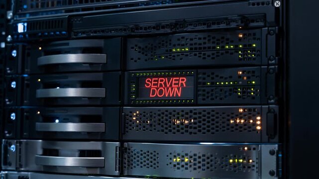 Close up view of data center rack servers displaying warning message for network security monitoring