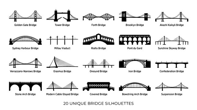 Bridge silhouette icon set featuring unique arch, cable-stayed, truss, suspension, and covered bridge line art for vector design