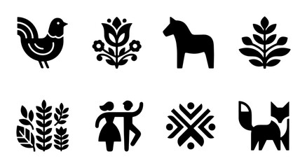 Folk Art Icons: Rooster, Tulip, Horse, Wheat, Dancing Couple, Geometric Pattern, Fox, Vector Symbols for Traditional Design and Craft © Saidul