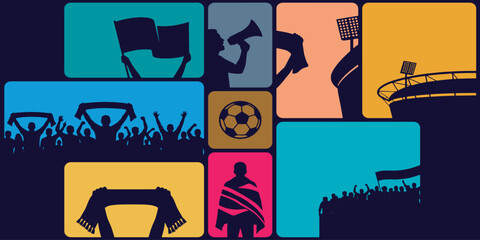 Colorful graphic illustration of soccer fans and stadium scenes in a mosaic pattern. © Riki
