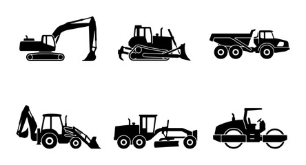 Heavy Construction Equipment Icons Set: Excavator, Bulldozer, Dump Truck, Loader, Grader, Roller, Industrial Machinery Vector Graphics © Hafsa