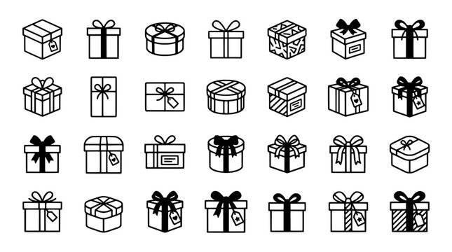 Gift boxes set of outline icons with ribbons, bows, and assorted shapes arranged in a grid layout featuring present, birthday present, wrapped