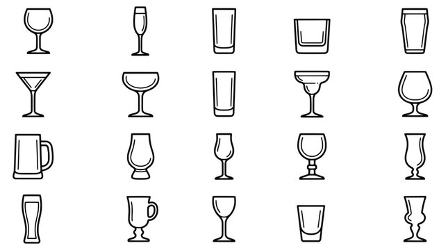 Glasses icon set with various shapes and sizes in black line art style for design and decoration purposes effectively