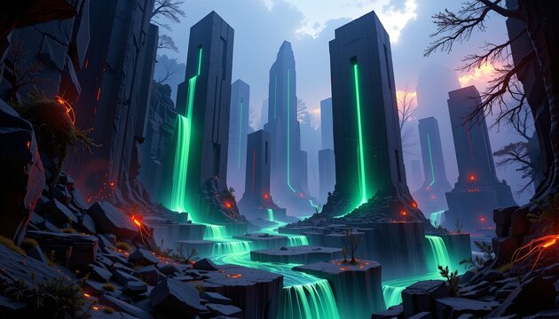 Futuristic Forest with Glowing Data Streams and Bioluminescent Moss