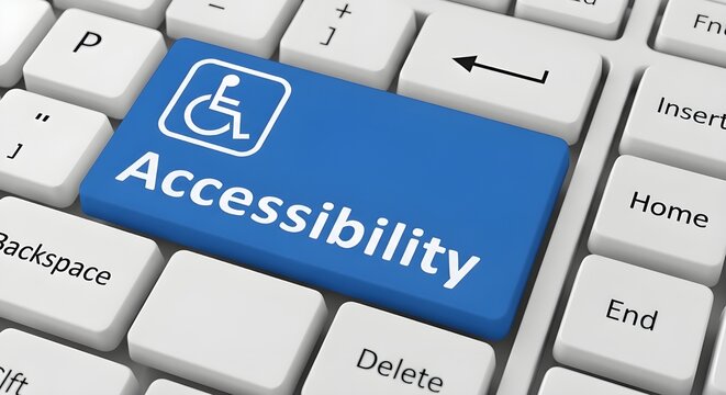Blue accessibility key on a computer keyboard, symbolizing digital inclusion, disability access, and barrier-free online technology solutions for all users.