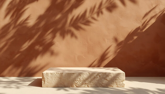 A beige stone block on a white surface with shadows on a brown wall background
