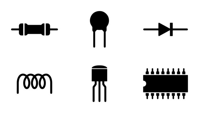 Electronic Components Vector Icons Set, Circuit Symbols for Technology and Engineering Diagrams, Digital Schematic Elements