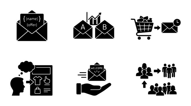 Email Marketing Icons Set: Offer, A/B Testing, Shopping Cart, Customer Journey, Welcome Email, Audience Growth, Vector Graphics for Digital Campaigns