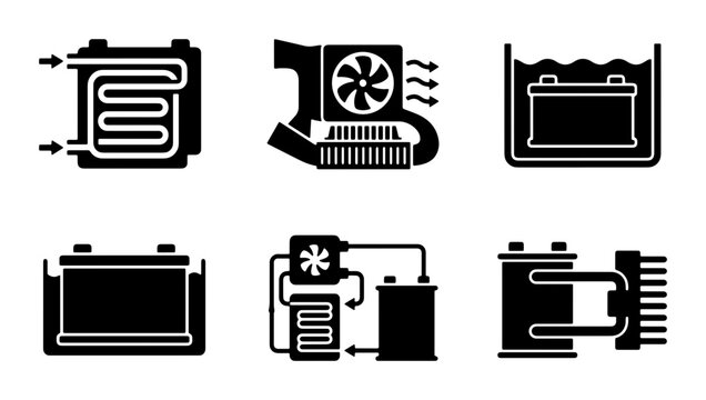 Automotive Battery Cooling System Icons, Car Battery Heat Management Vector Set, Vehicle Power Source Thermal Regulation Graphics