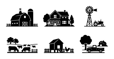 Farm Silhouettes: Barn, House, Windmill, Tractor, Livestock, Chicken Coop, Pickup Truck, Rural Countryside Scenes, Vector Icons © Hafsa
