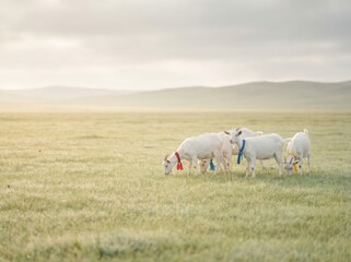 Fototapeta premium White goats with colorful ribbons grazing in open field for Eid al Adha qurban concept