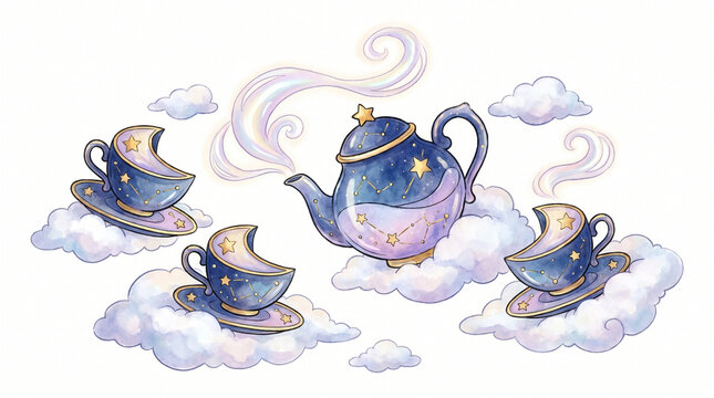 Celestial Tea Party: Whimsical teapot and cups with moon and star motifs float among fluffy clouds, creating a dreamy and magical tea time experience.