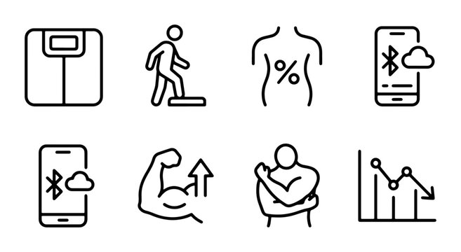 Health and Fitness Icons Set: Weight Scale, Body Composition, Muscle Growth, Progress Chart, and Smart Device Connectivity for Wellness Apps and Digital Health