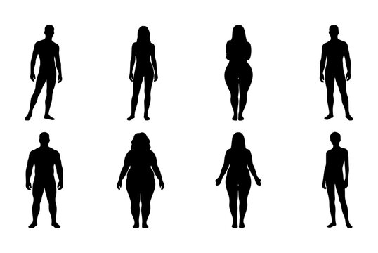 Diverse Human Body Silhouettes Collection, Male and Female Figures, Various Body Types, Black Vector Icons for Health and Fitness Concepts