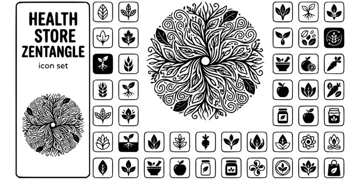 Health Store Zentangle Black White-Leaf Mandala Root Organic-Natural Food Vector-Health Icon Zentangle-Store Branding Design Set