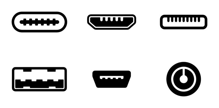 Universal USB Connector Icons, USB-C, USB-A, Micro USB, HDMI Ports, Technology Interface Symbols, Vector Graphics Set