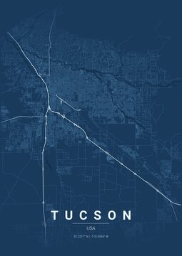 Architectural Tucson City Map Poster, Blueprint Style Urban Street Grid Illustration