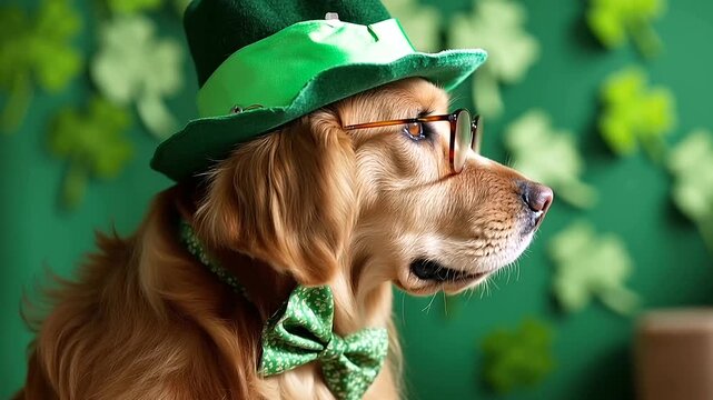 Golden retriever dressed for St. Patrick's Day with green hat, bow tie, and glasses, standing against shamrock-decorated green background, representing Irish celebration and luck,