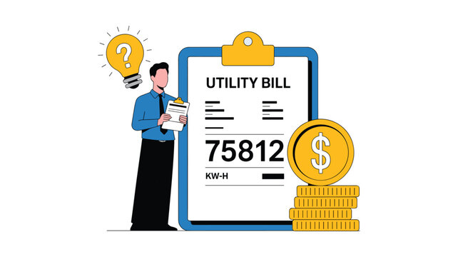Man in suit confused by large utility bill with k wh usage and cost on screen question