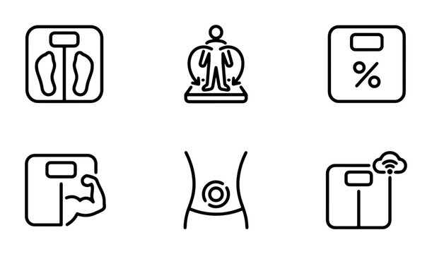 Weight Scale Icons, Body Composition Analysis Symbols, Fitness Tracking Graphics, Health Monitoring Vector Set