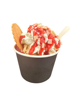 German spaghetti ice cream with strawberry sauce