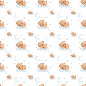 Seamless pattern with sleeping teddy bear on cloud with moon and stars, watercolor illustration