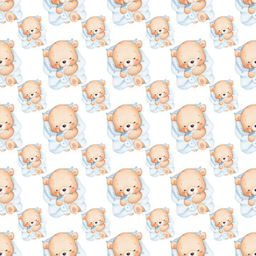 Seamless pattern with cute teddy bear wrapped in blue blanket, watercolor illustration