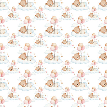 Seamless pattern with sleeping teddy bear on cloud with balloons, watercolor illustration