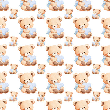Seamless pattern with cute teddy bear holding blue heart, watercolor illustration