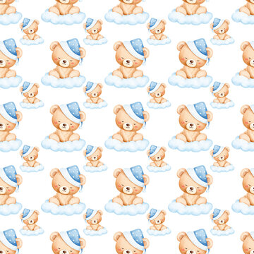 Seamless pattern with cute teddy bear in blue nightcap sitting on clouds, watercolor illustration