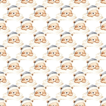Seamless pattern with cute teddy bear wearing knitted winter hat, watercolor illustration