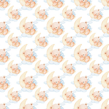 Cute Teddy Bear Sleeping on Crescent Moon Seamless Pattern