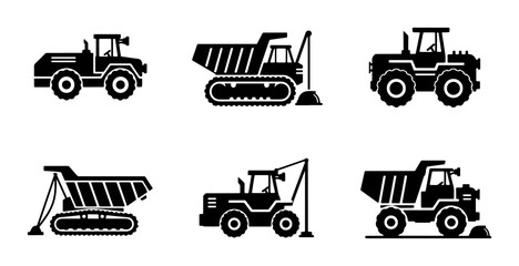 Construction Vehicles Icons Set, Heavy Machinery Vector Graphics, Industrial Transport Silhouettes for Building Projects © Jakir
