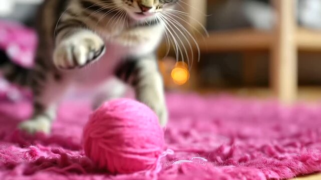 Playful kitten enjoying batting around soft pink yarn ball on vibrant pink rug, radiating adorable energy, cute pet activity, feline playfulness, domestic animal entertainment,