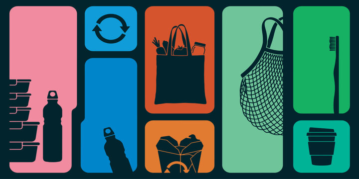Zero waste lifestyle concept with reusable items in colorful squares.